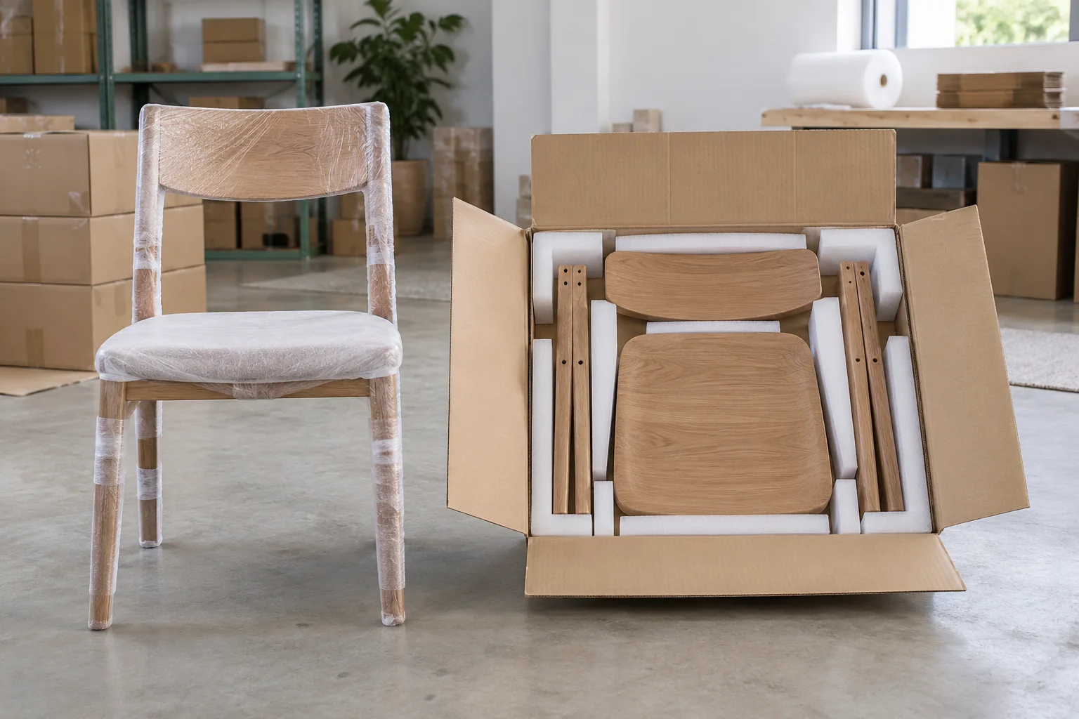 Protected furniture and material components arranged for different shipment responsibilities