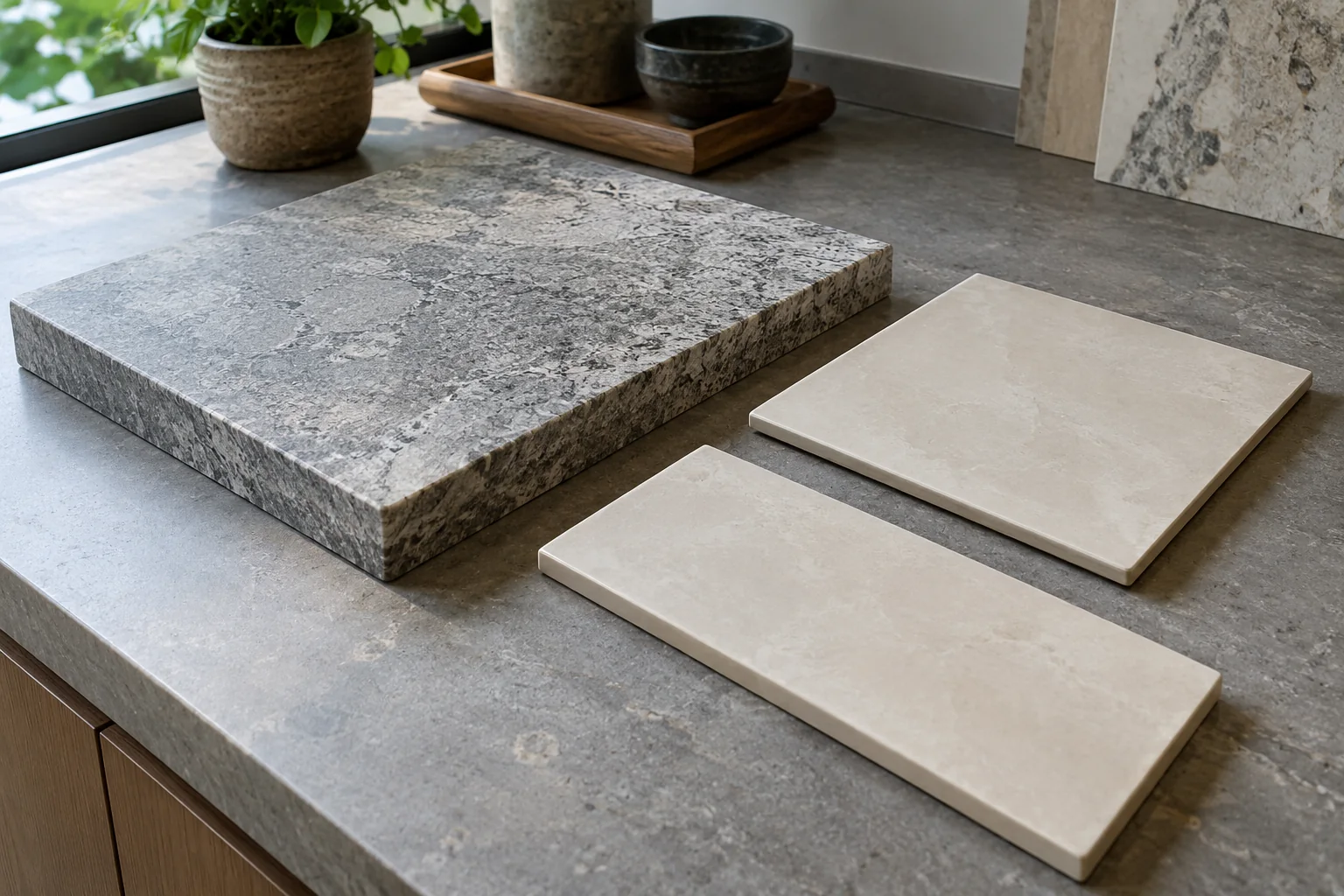 Separate stone and tile pieces arranged with their distinct material formats visible