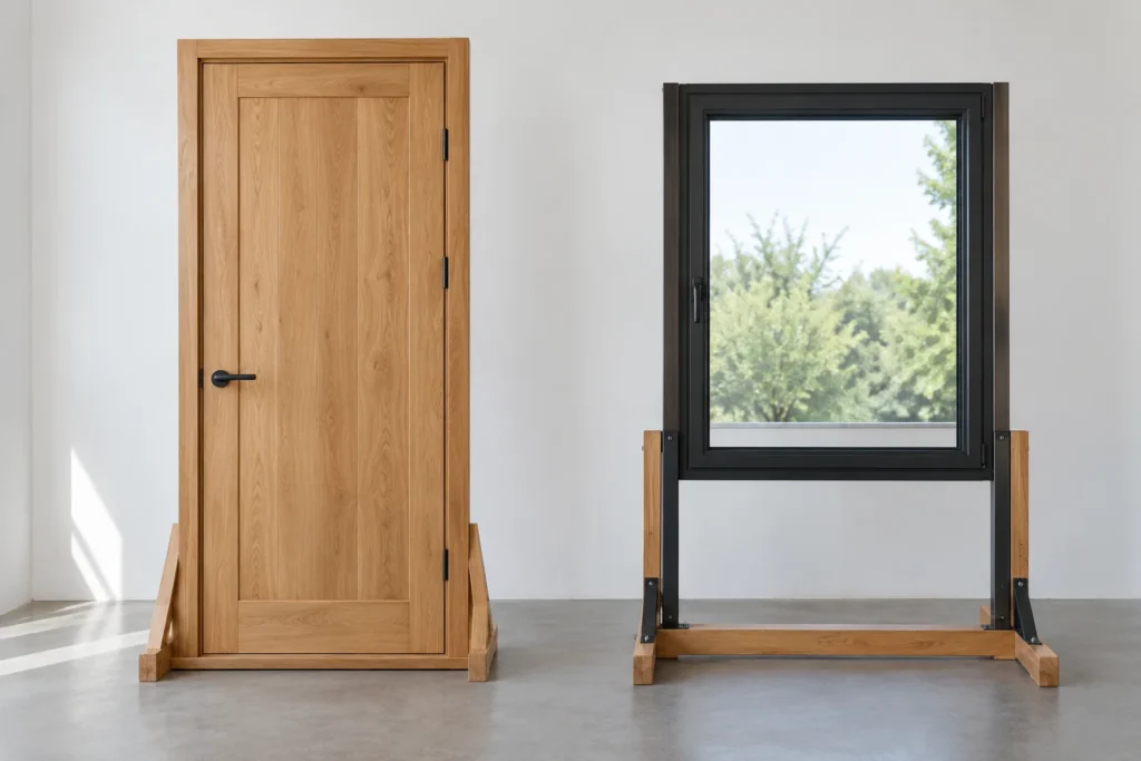 Door and window sample units displayed separately in a neutral review space