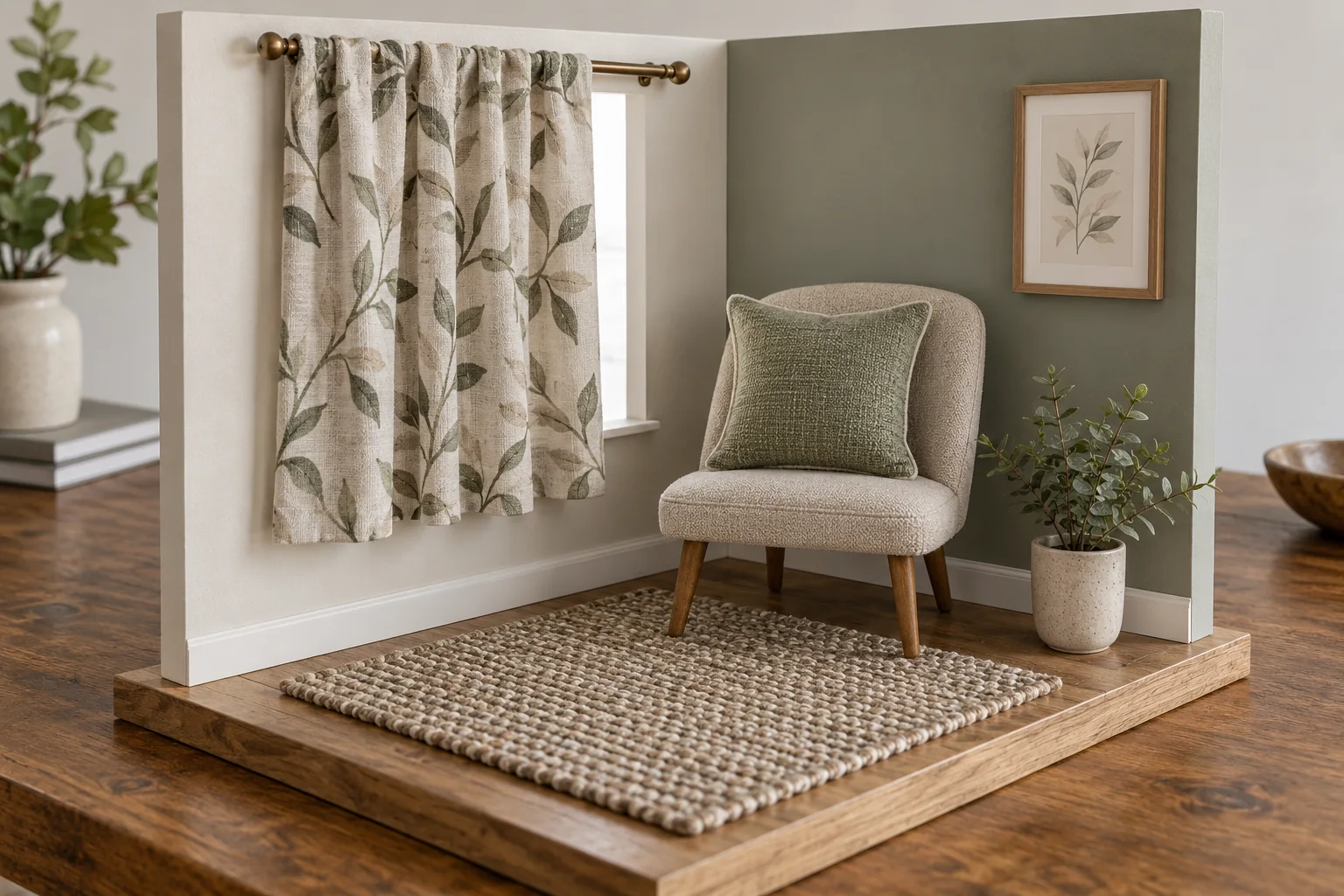 Finite room-corner model with short curtain, cushion on a small chair and separate rug reference