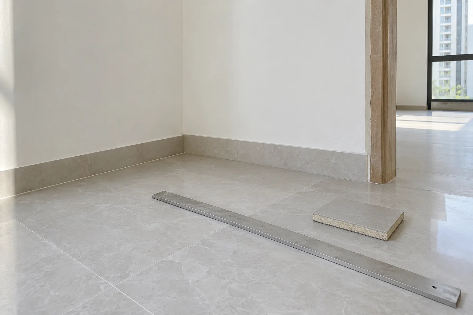 Unbranded interior corner showing finished floor and wall interfaces beside a measurement tool
