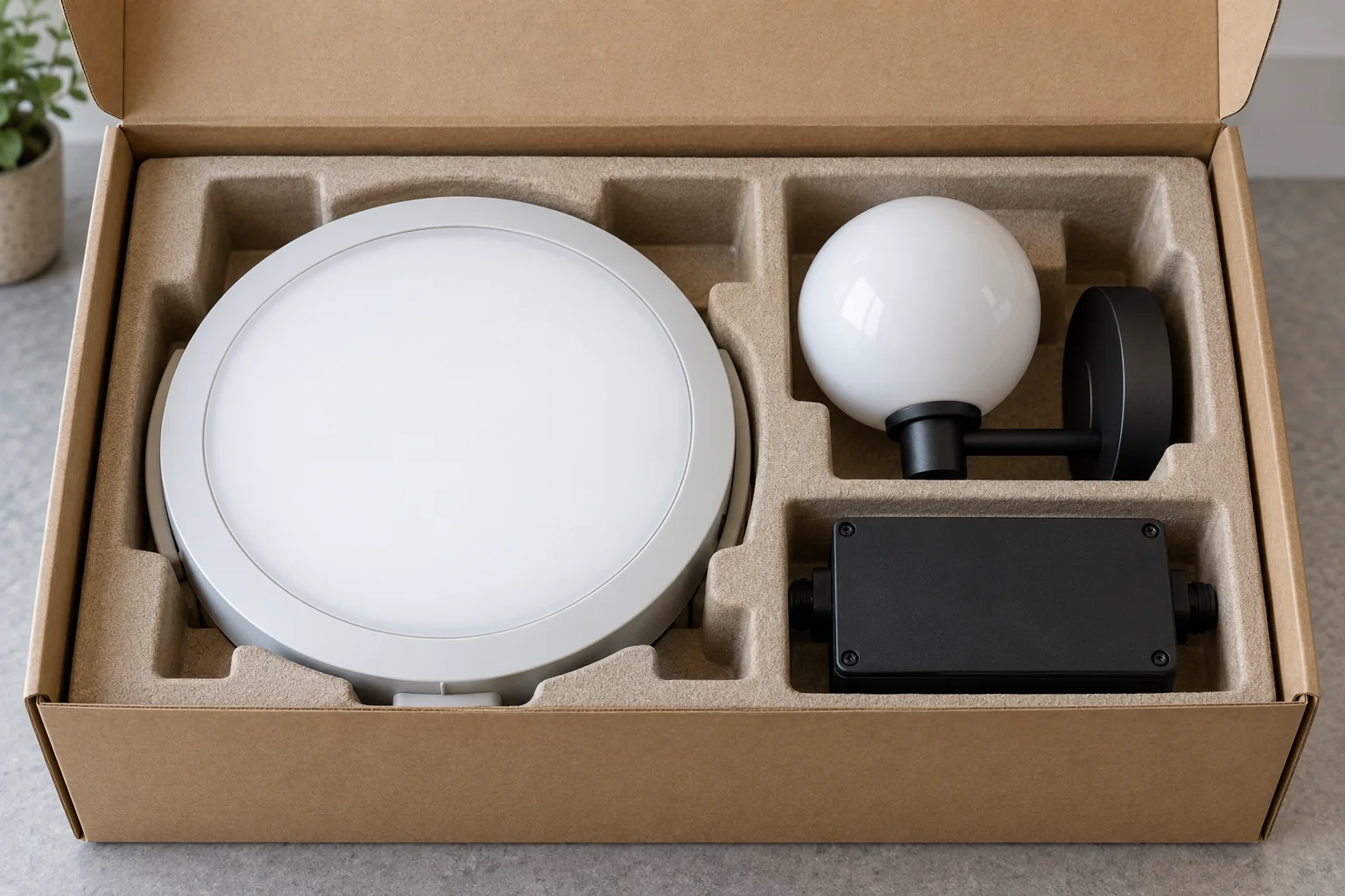 Round ceiling-light object, globe wall-light object and closed black enclosure in separate padded cavities