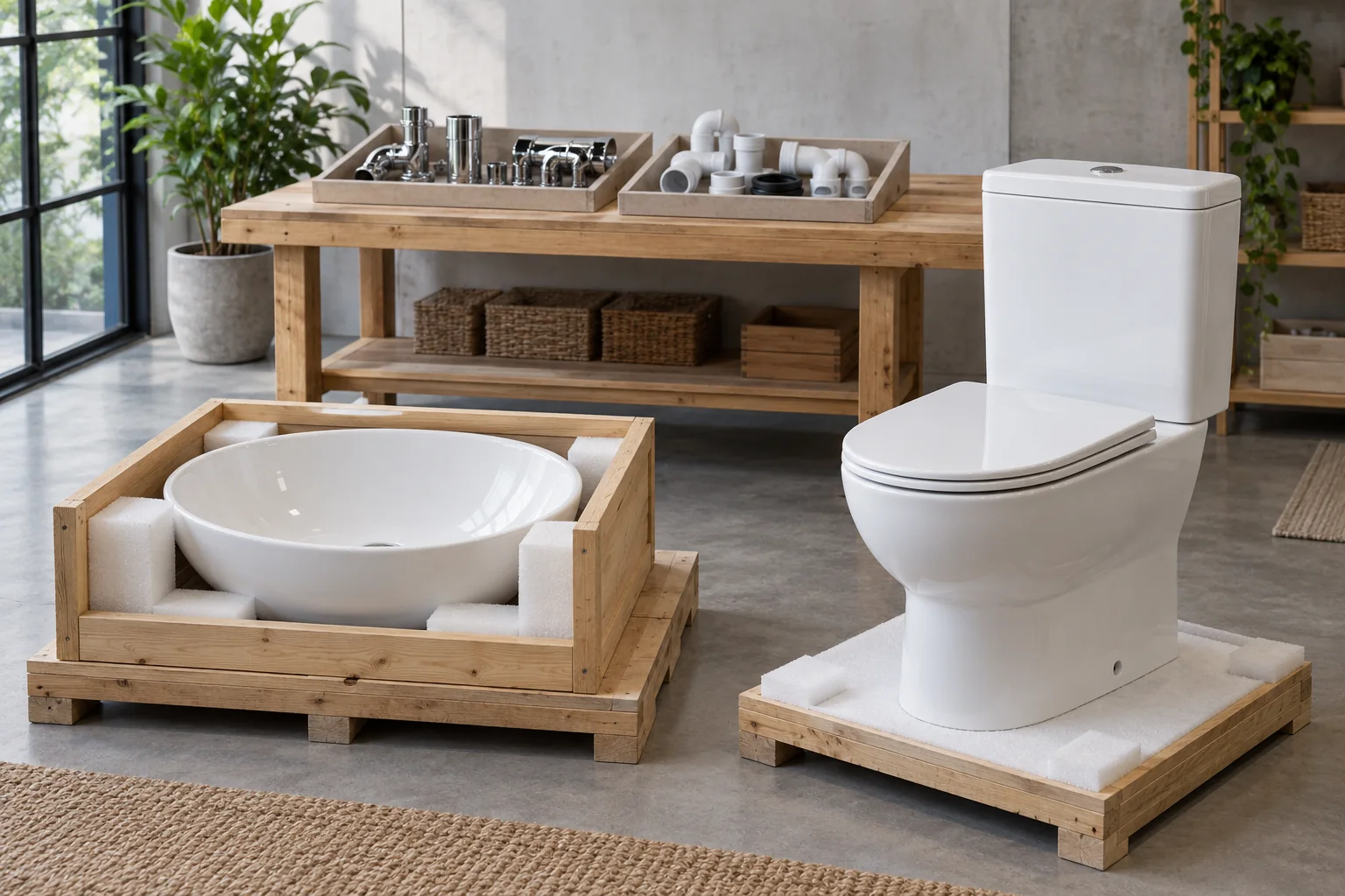 Protected basin and toilet objects beside separately grouped plain fittings