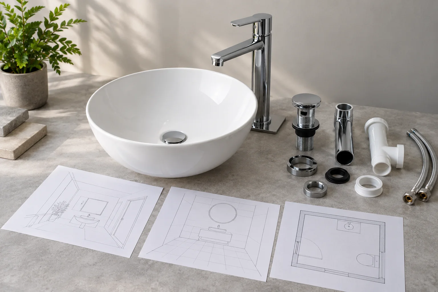 Basin and faucet references beside plain fittings and unnumbered room connection outlines