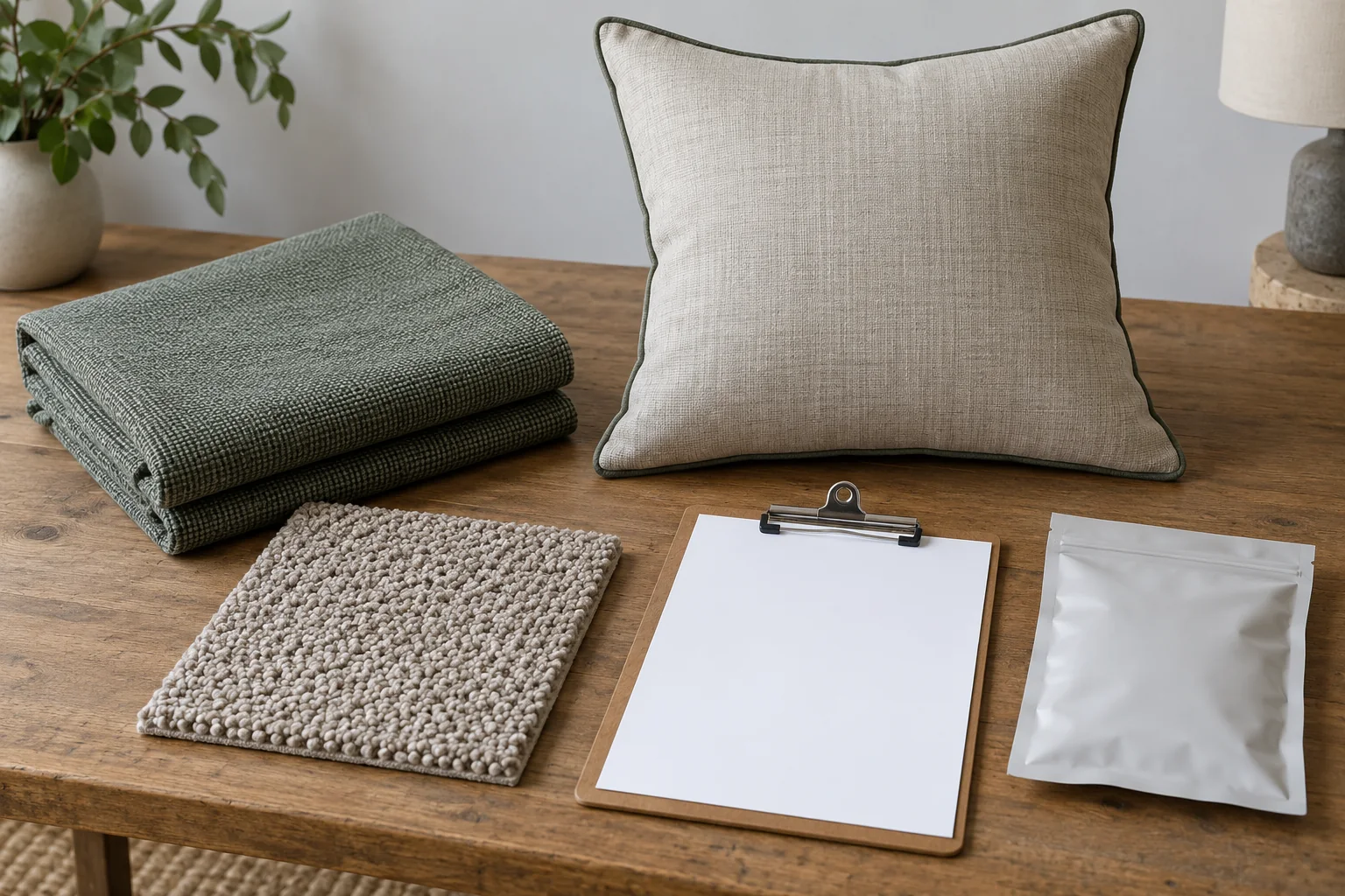 Folded textile, carpet specimen, complete cushion, plain sealed pouch and blank clipboard on a bench