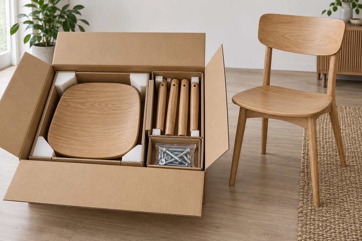 Protected chair seat and detachable parts separated inside an open carton