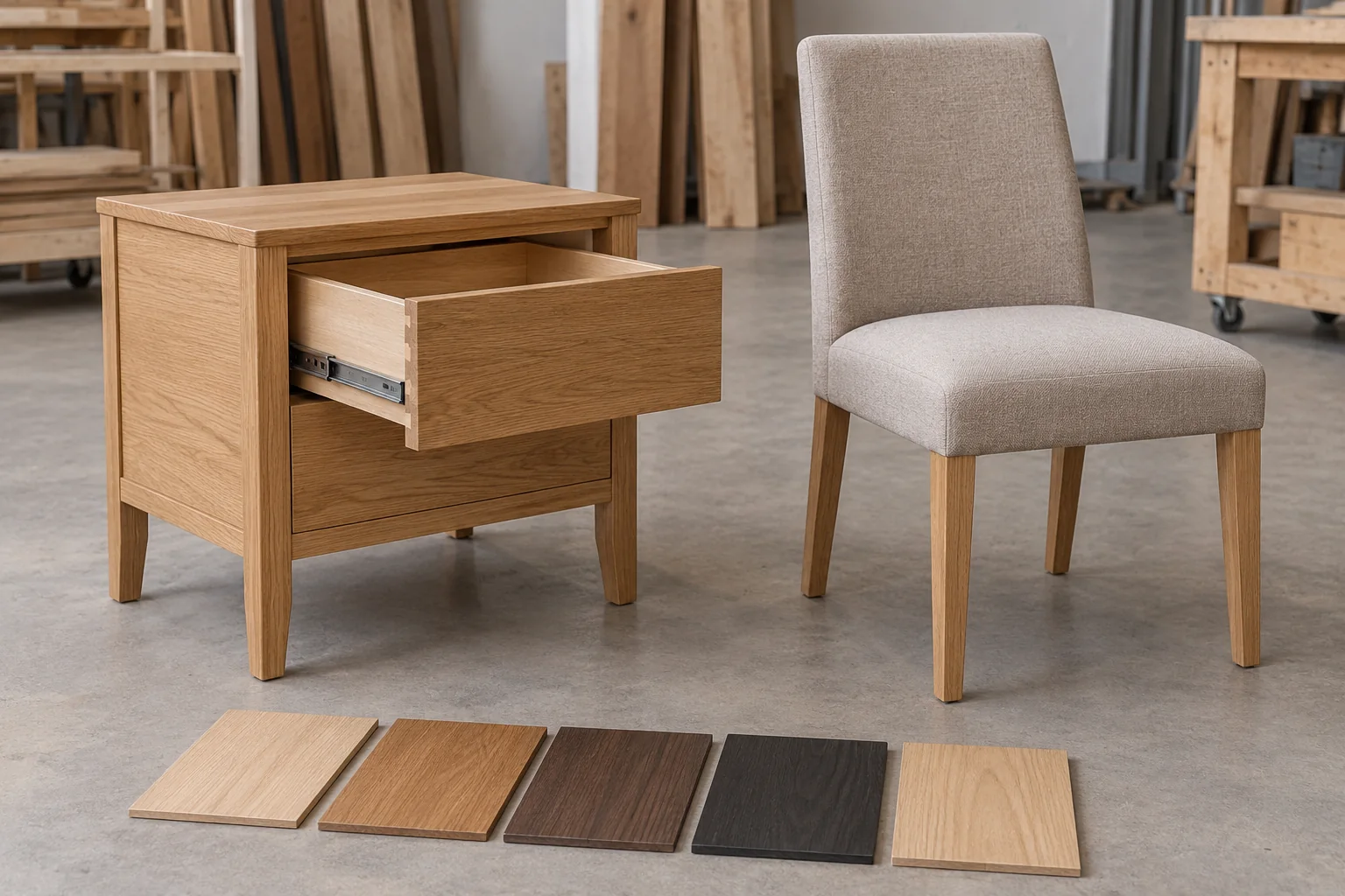 A drawer-unit prototype beside an upholstered chair and wood finish samples