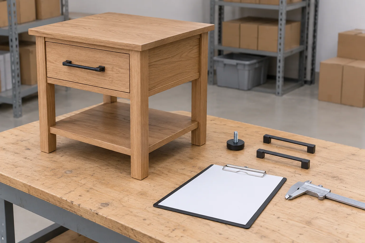 An oak end table with spare glide, handles and a blank receiving sheet