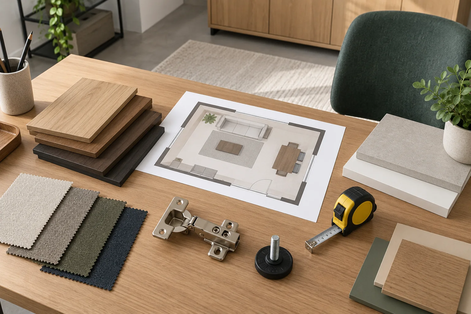 Finish samples, upholstery, hinge, glide and room plan on a coordination desk