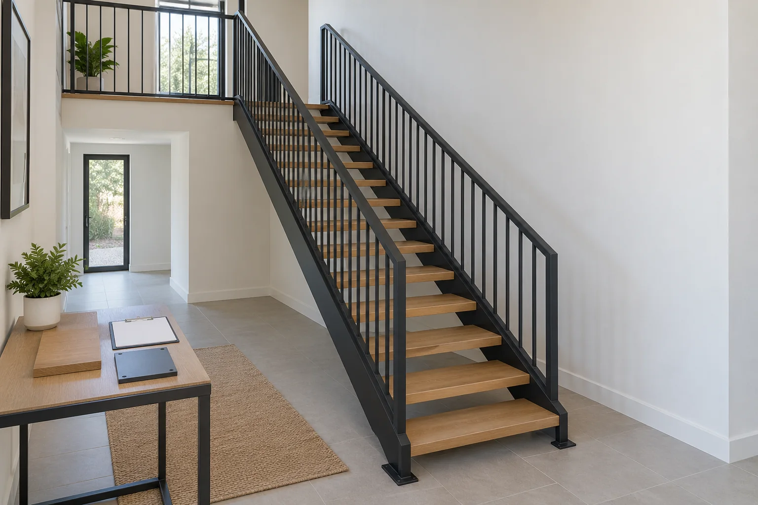 Installed-looking staircase with visible supports and rails beside a blank clipboard