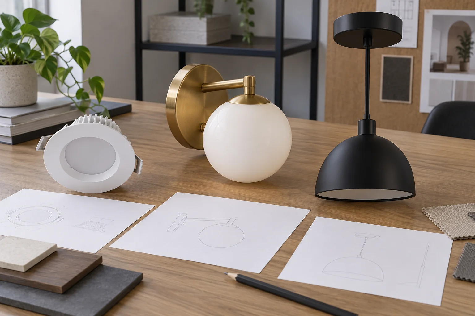 Unbranded round ceiling fixture, globe wall light and black pendant beside outline sketches