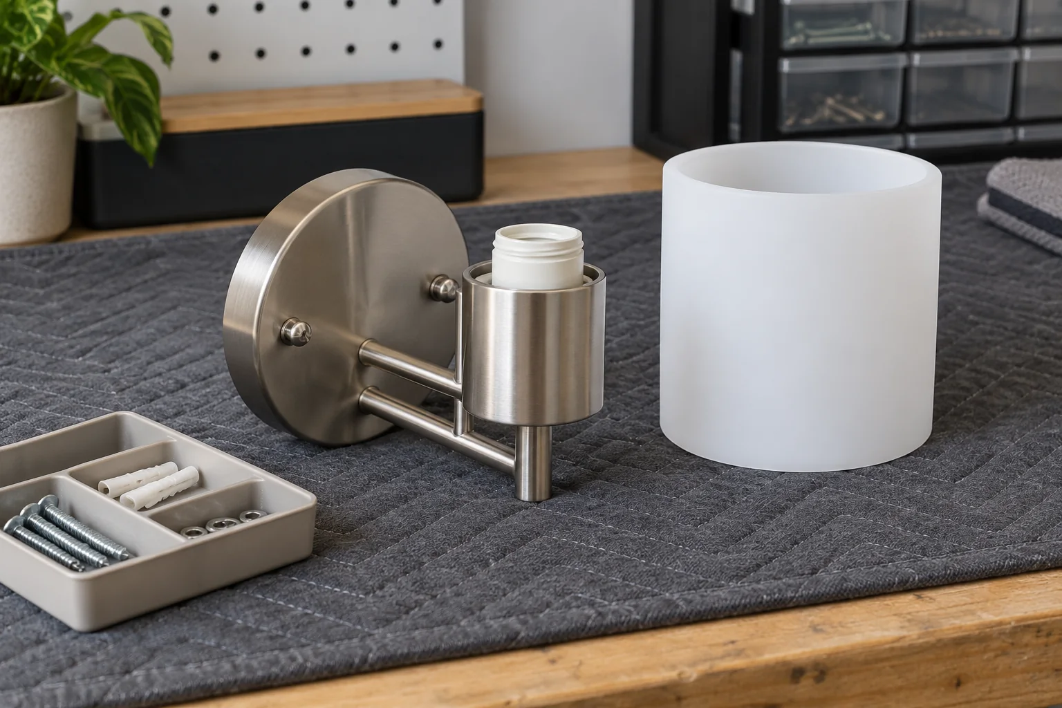Unpowered wall-light body, separate frosted cylindrical shade and small fittings tray on padding