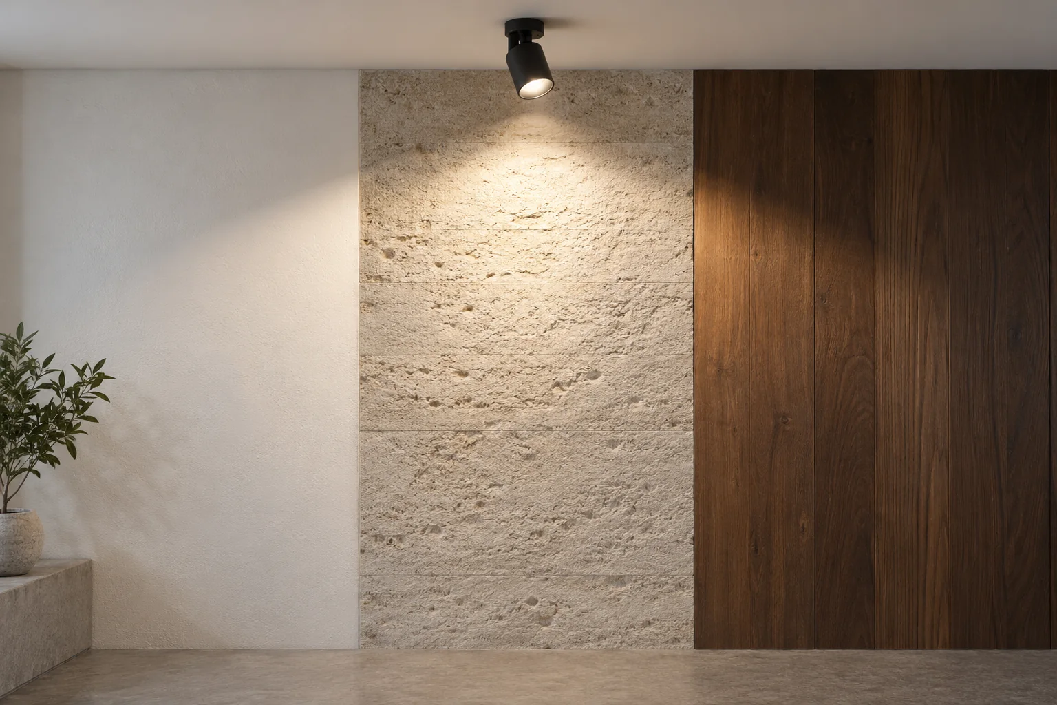 Ceiling-mounted spot illuminating white, textured pale and dark timber wall areas
