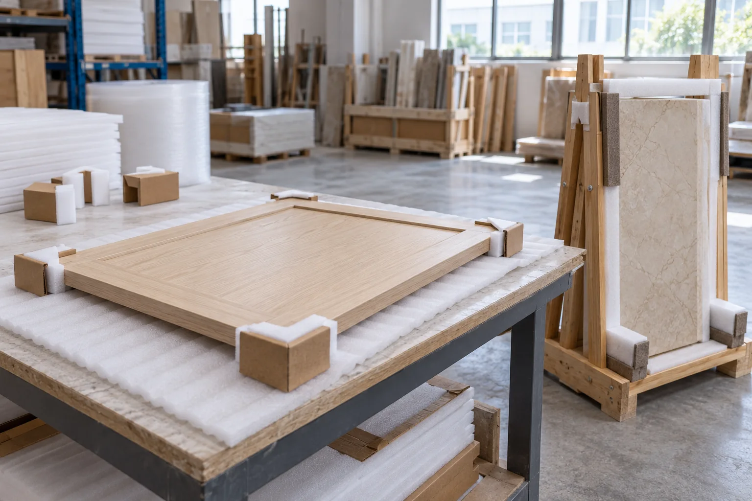 Distinct protective packing materials arranged around a cabinet panel and stone sample
