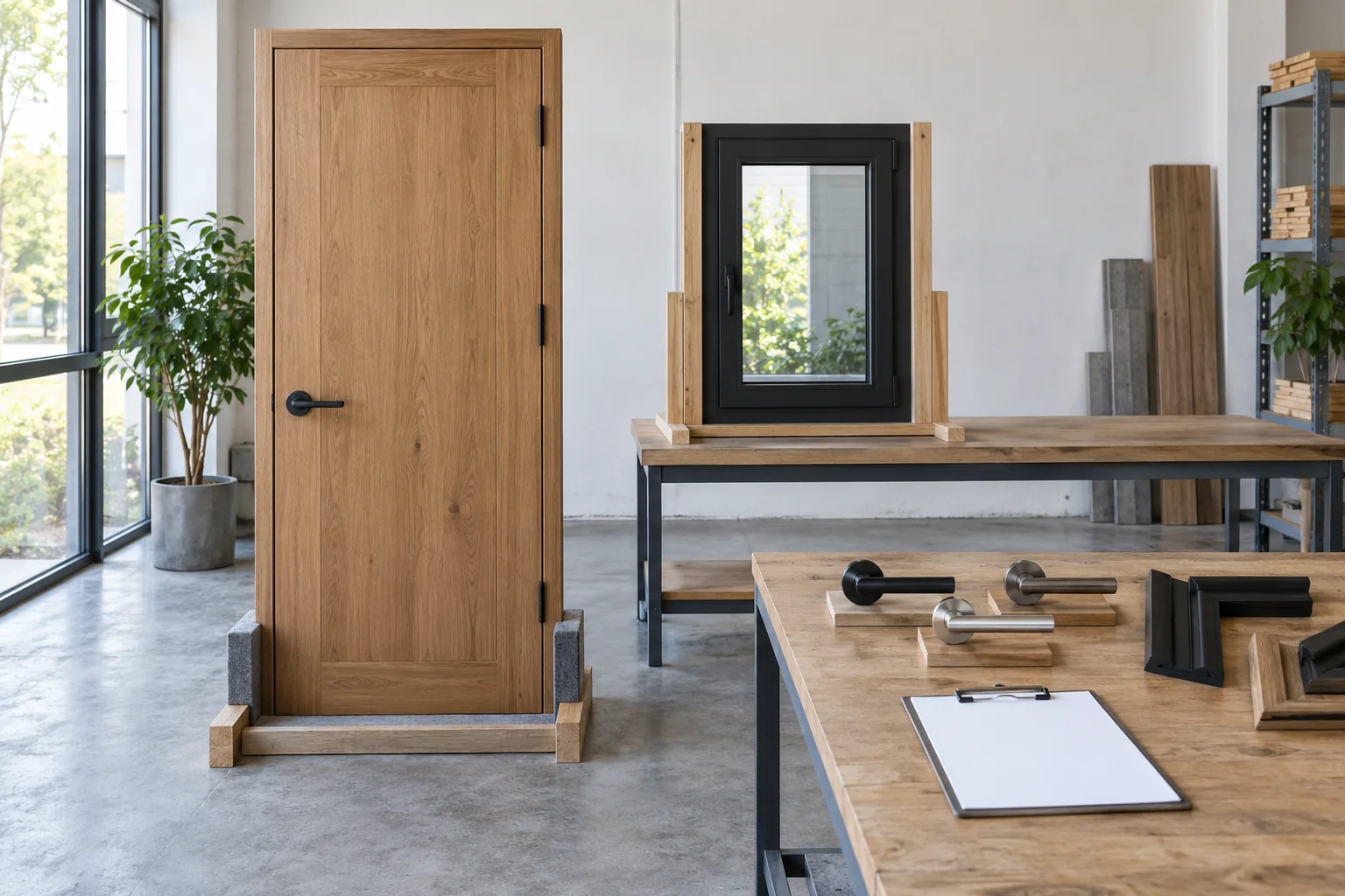 Separate door and window units beside plain component samples in a receiving area