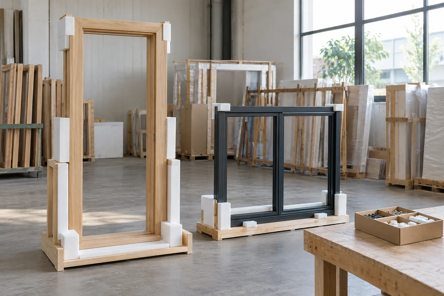 Protected door frame, window frame and separately grouped fitting components