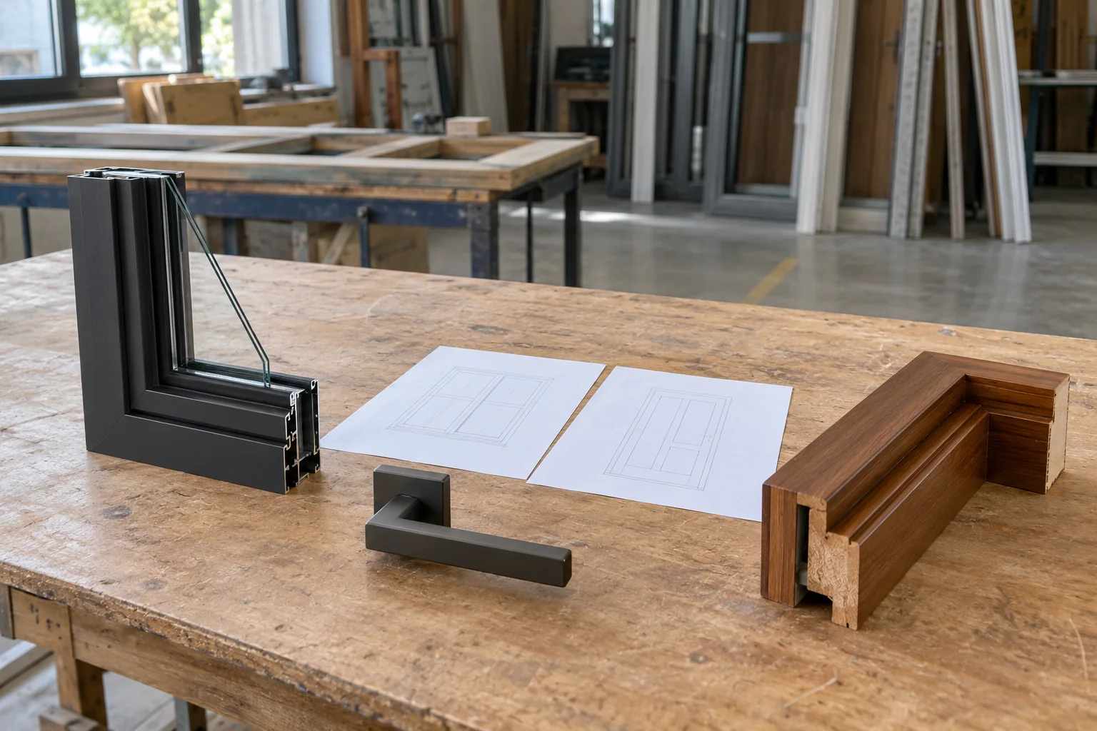Frame samples and non-readable opening schedule sketches on a coordination desk