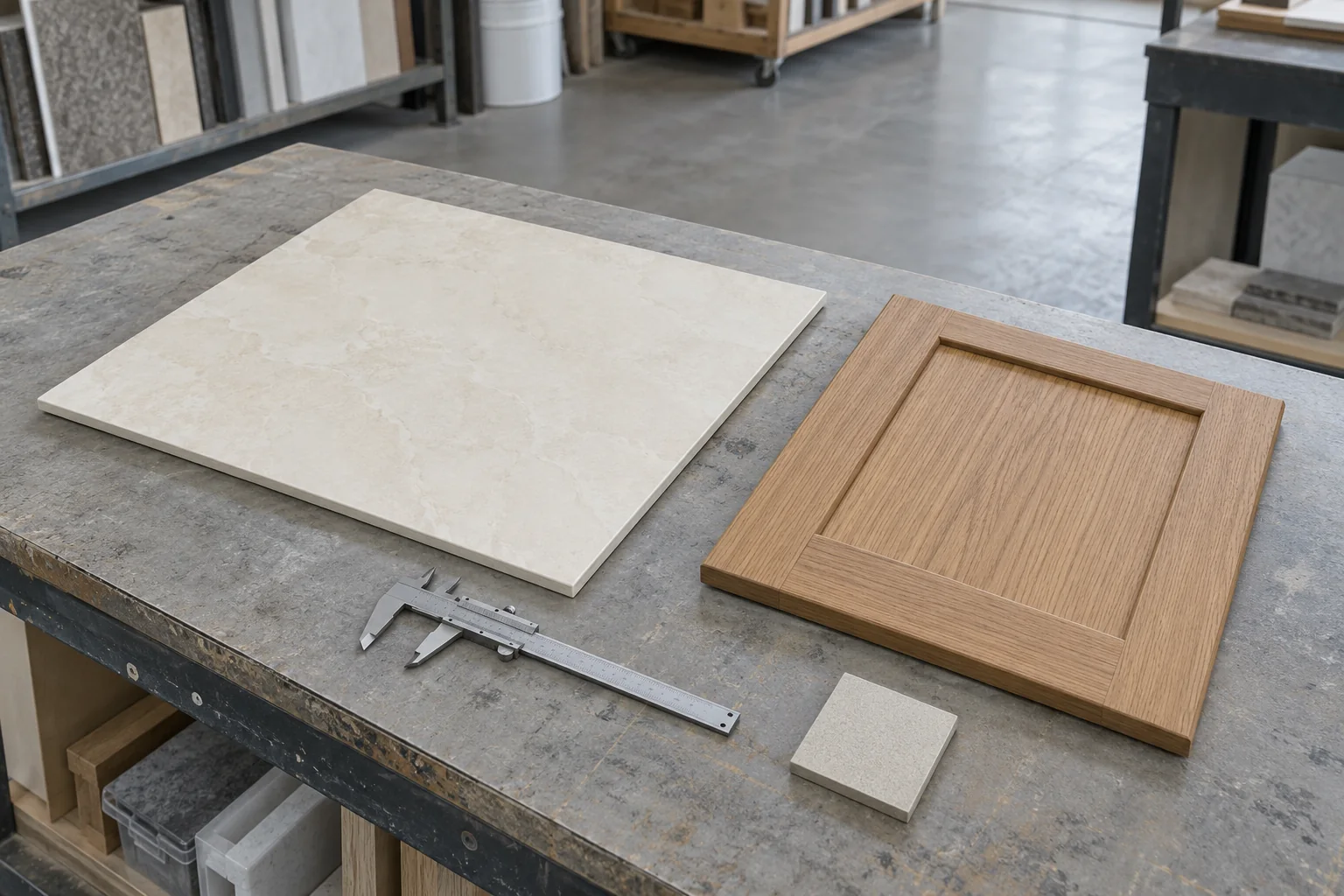 Unbranded cabinet and tile samples arranged beside a caliper and a neutral finish reference