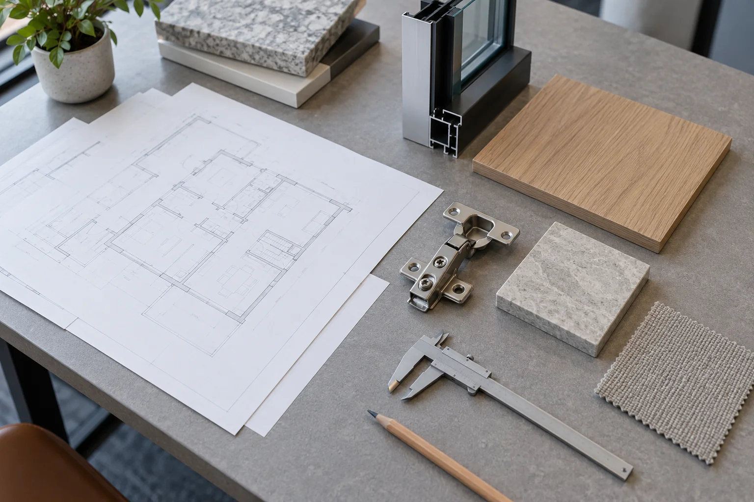 Unbranded material samples and neutral drawing sheets on a project coordination desk
