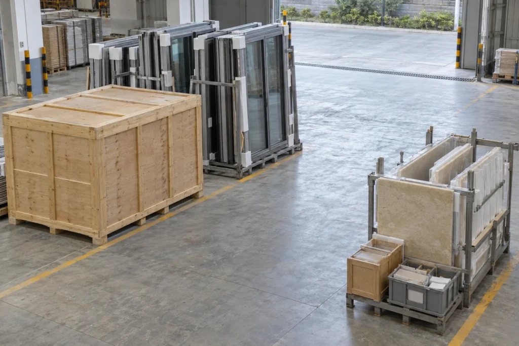 Protected building material groups staged separately with a clear handling route