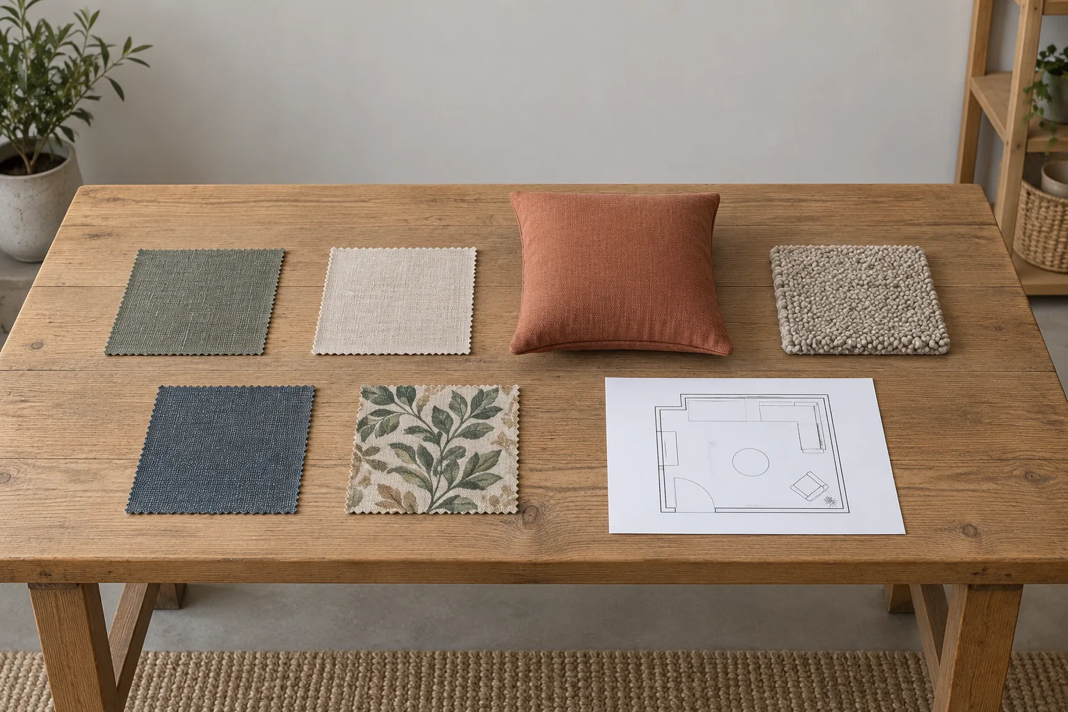 Four separate fabric swatches, a complete cushion and carpet specimen beside an unnumbered room outline