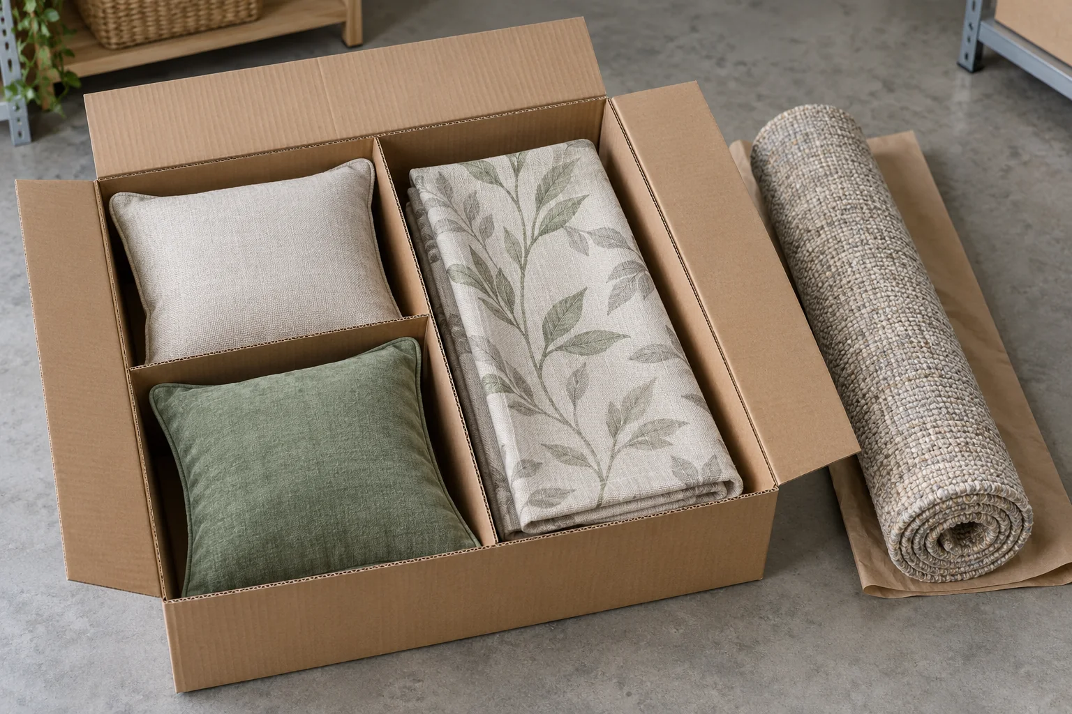 Two cushions and folded fabric in separate carton compartments with a short rolled carpet specimen alongside