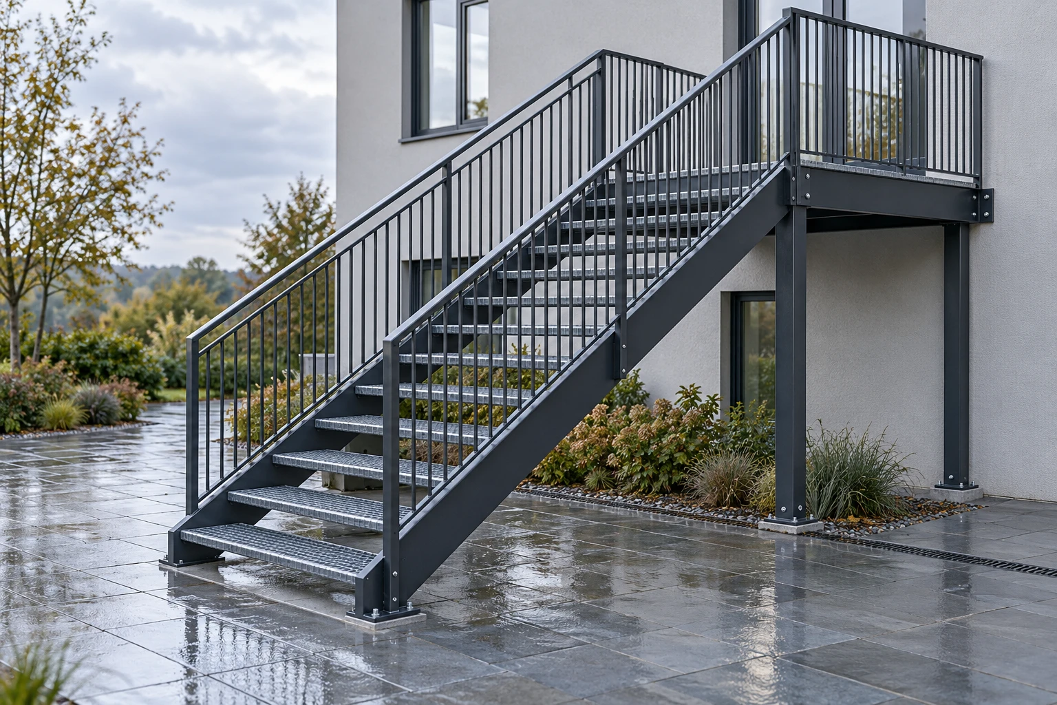 Illustrative exterior steel stair with grating treads, supported landings and continuous guards