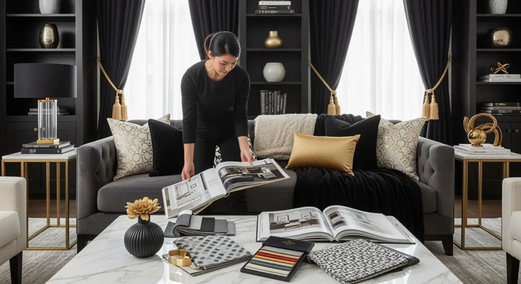 Person comparing furnishing samples in a living room