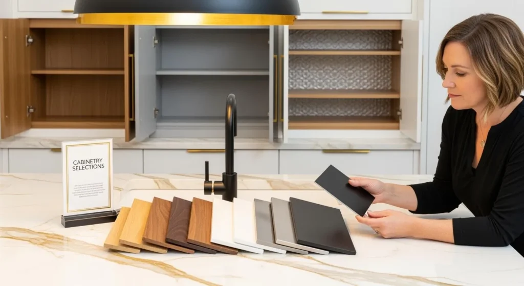 Person reviewing cabinet material samples in a showroom