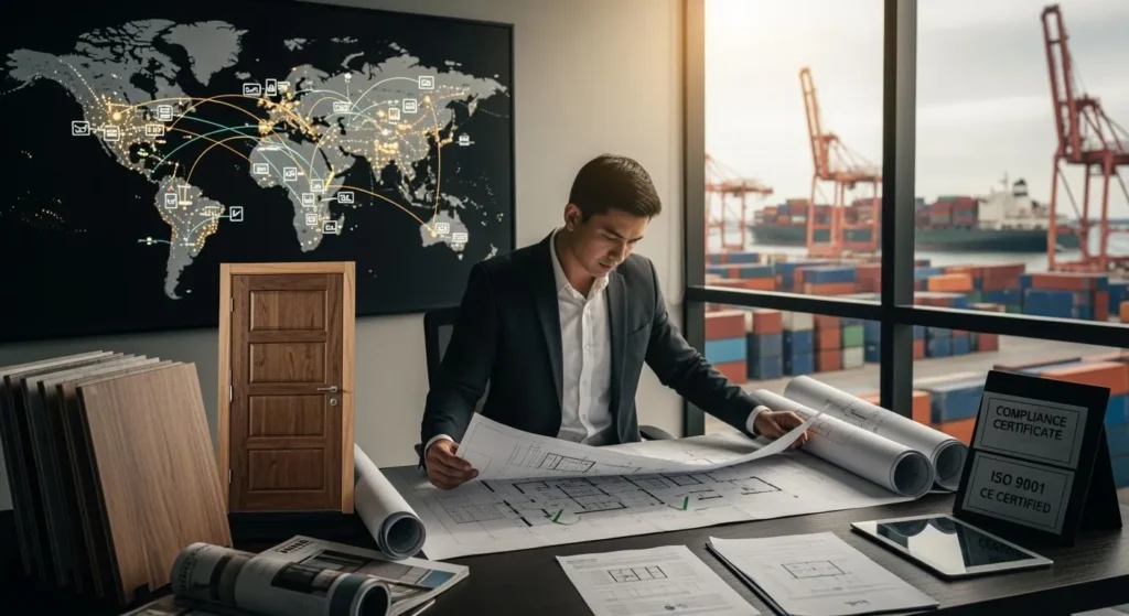 Person reviewing door and window drawings at a desk