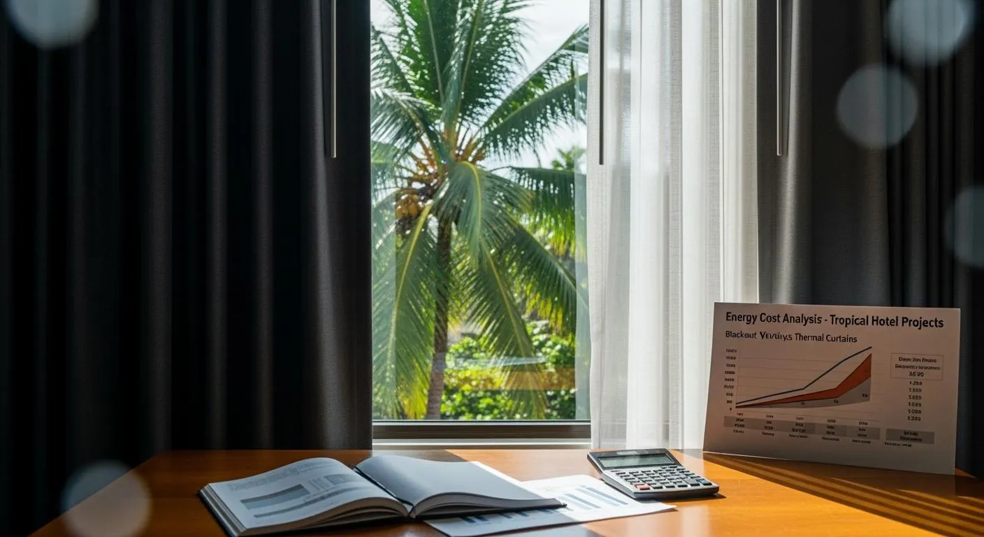Dark curtains framing a window overlooking palm trees