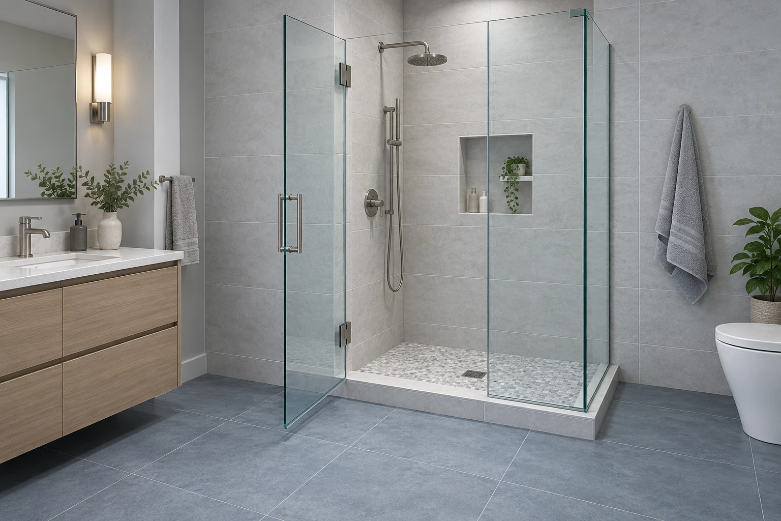 Illustrative hinged shower door open into a clear bathroom access area