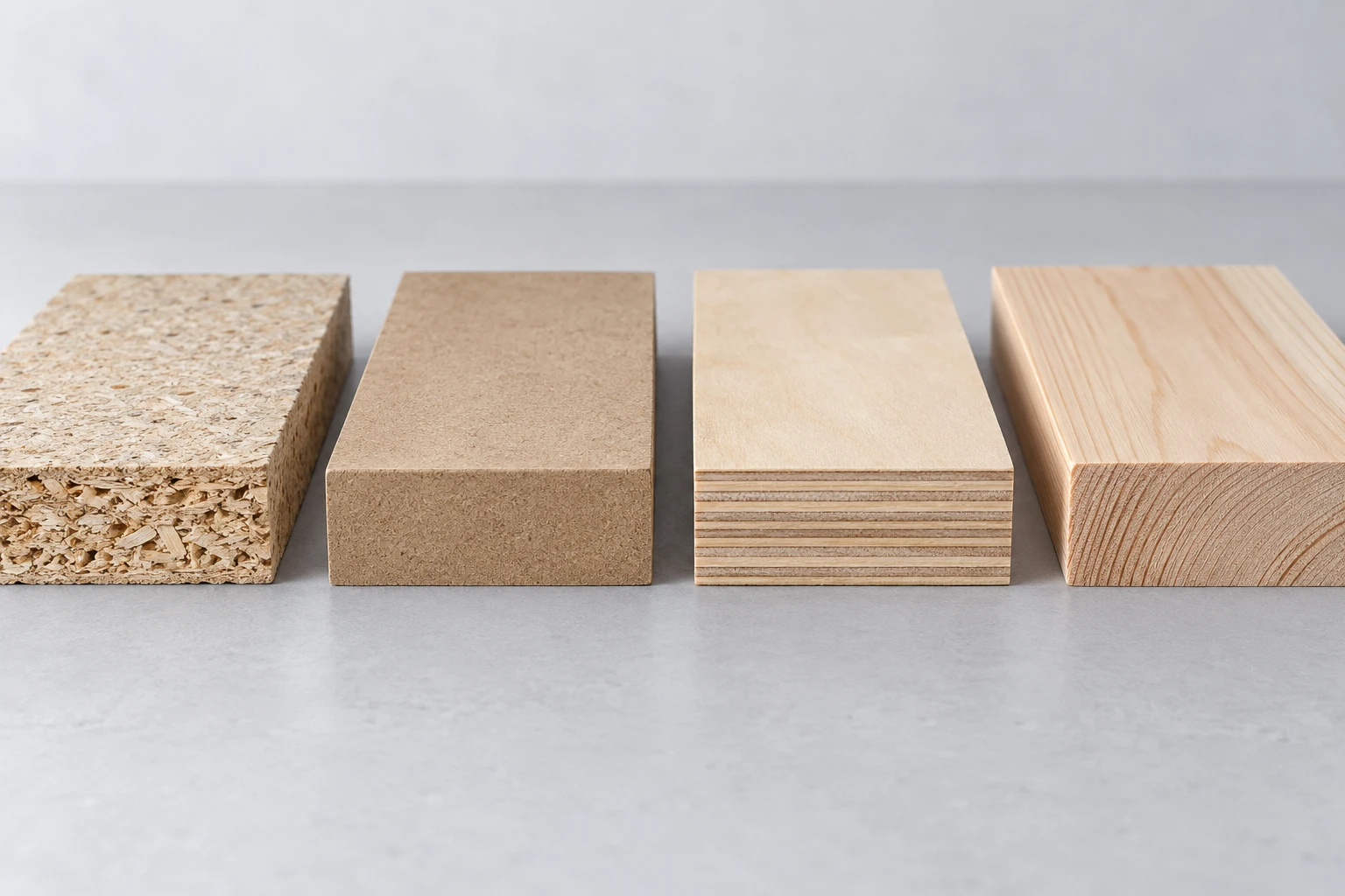 Illustrative cut edges of particleboard, MDF, plywood and solid wood board cores