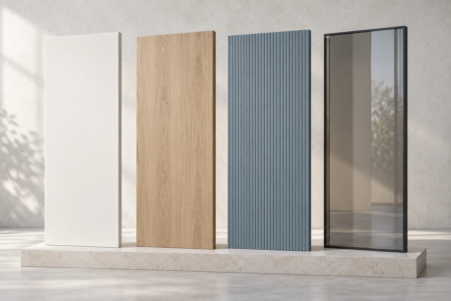 Illustrative wardrobe door panels with painted, oak wood-grain, blue-grey fluted and framed glass finishes