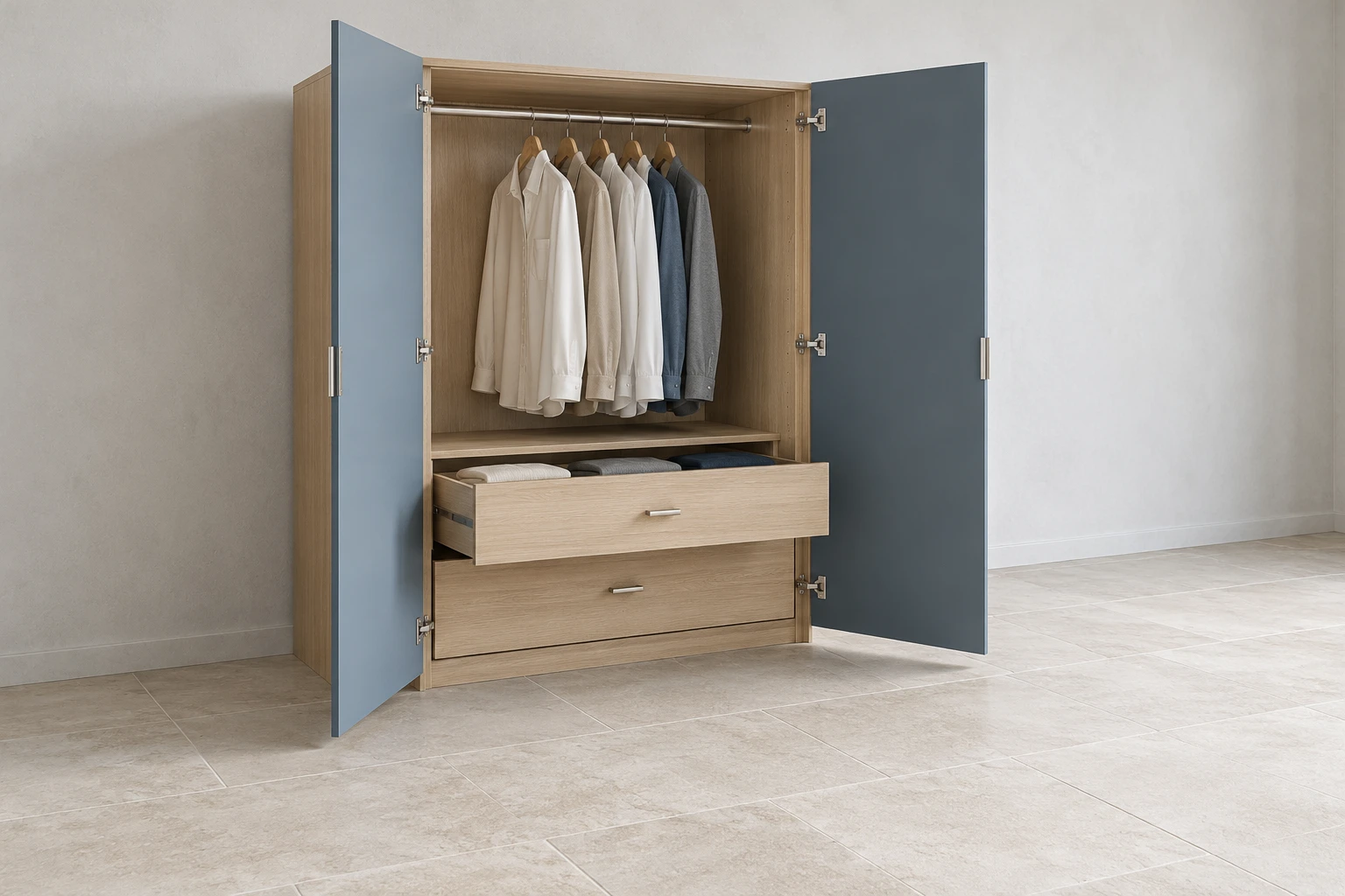 Illustrative hinged wardrobe with both doors open and a drawer extended to show access space
