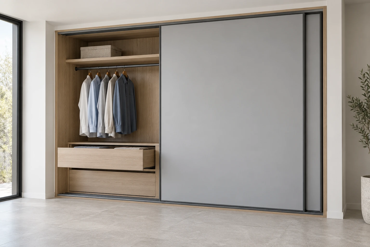 Illustrative sliding wardrobe with overlapping panels and a drawer aligned to the open bay