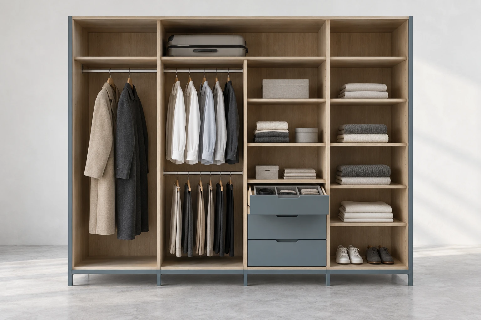 Illustrative wardrobe interior with long hanging, double hanging, drawers and adjustable shelves