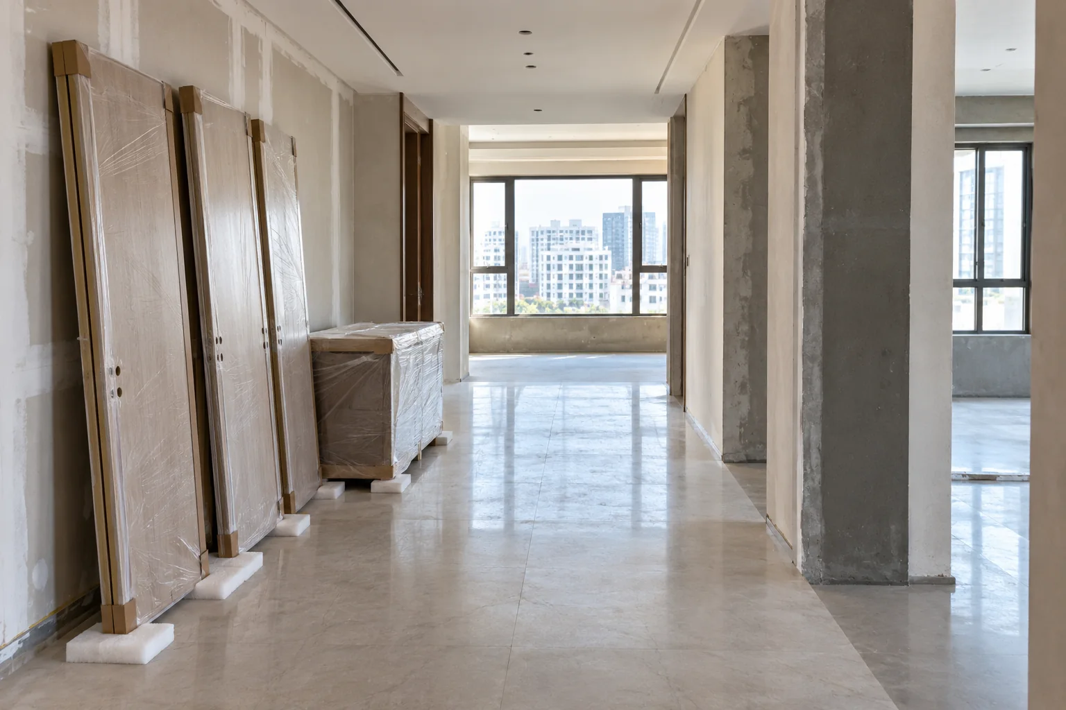 Clear site receiving route and protected storage positions prepared for interior materials