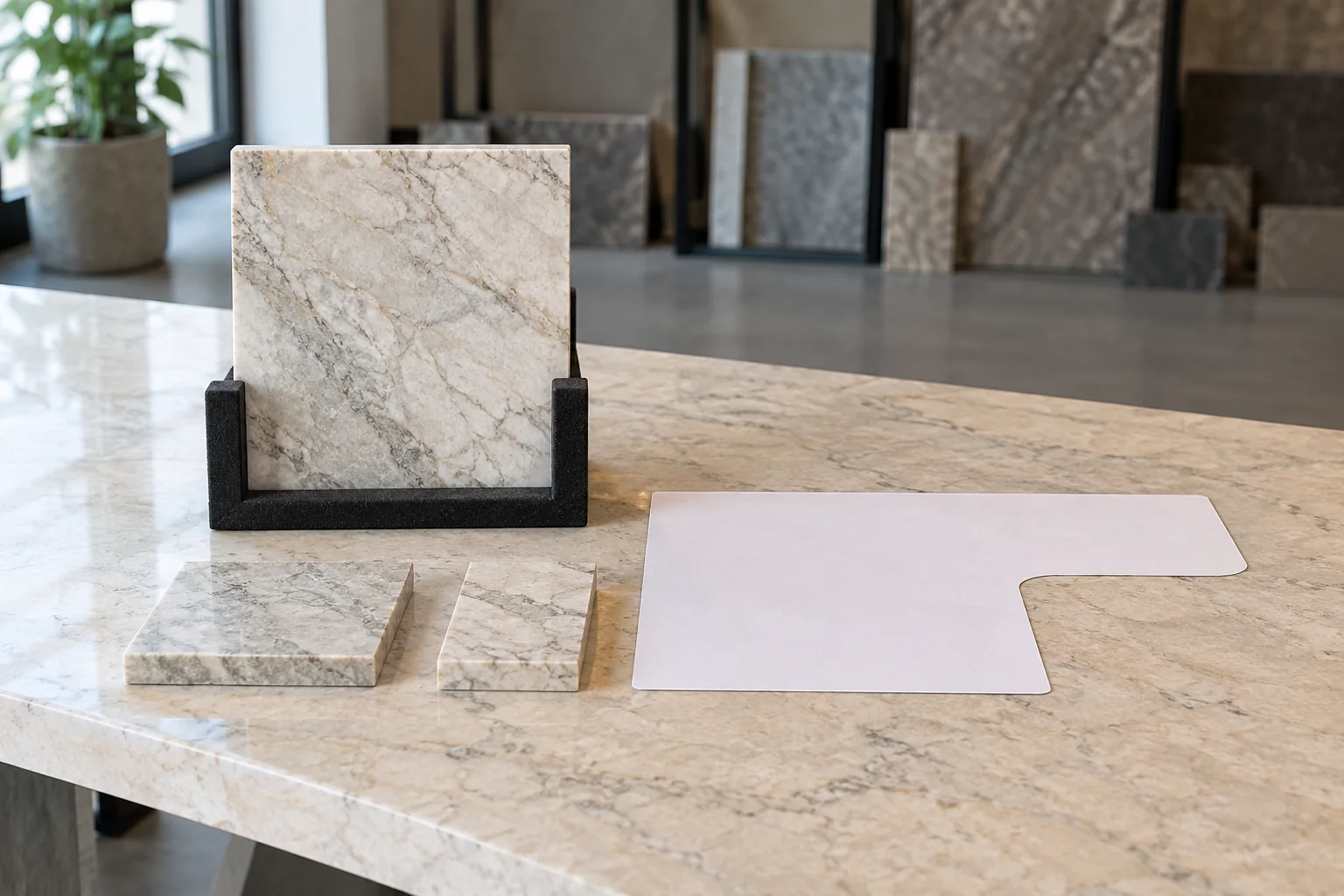 AI illustration of a supported slab specimen beside a simple paper outline and separate cut-stone references