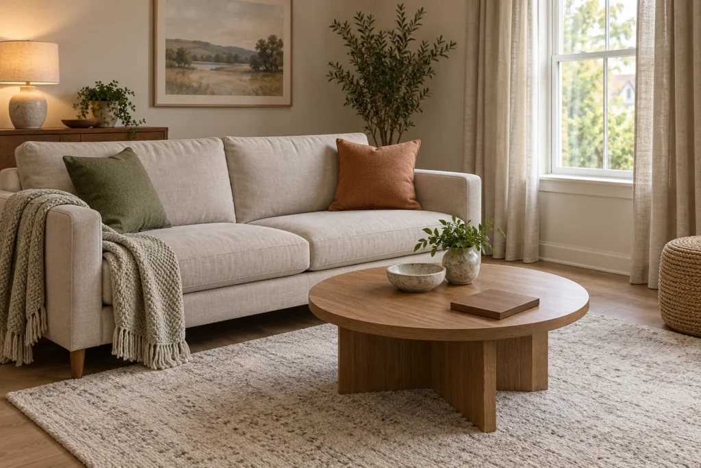 Sofa, two cushions, curtains and pale rug with a small wood-finish reference on the table