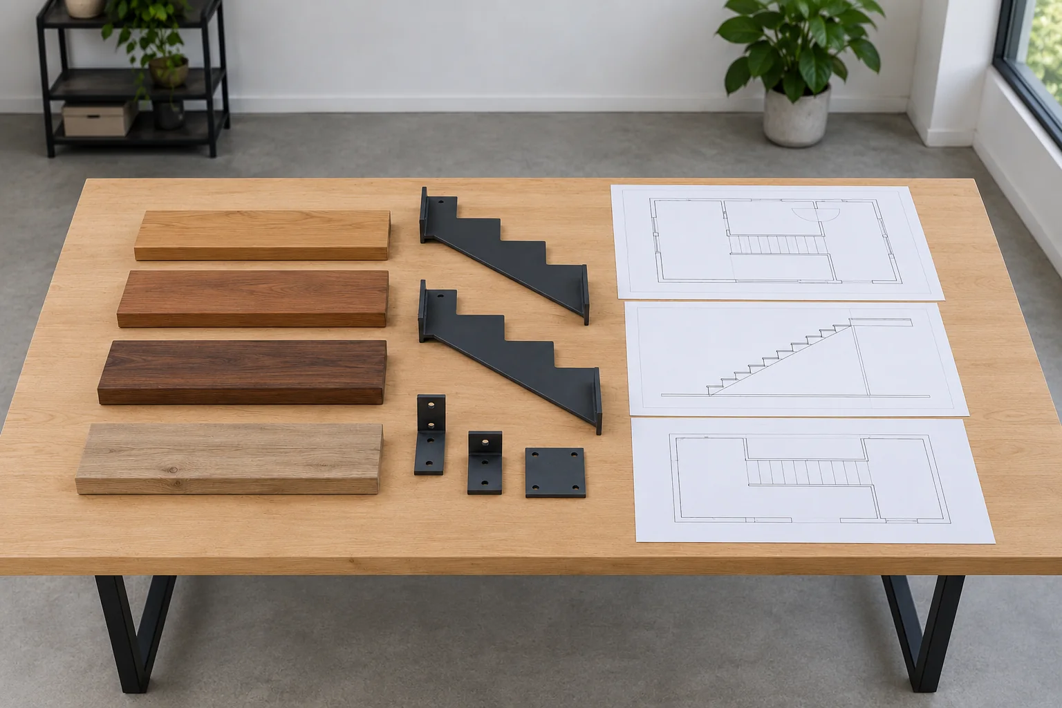 Tread and support-shaped samples beside non-readable floor, landing and route sketches