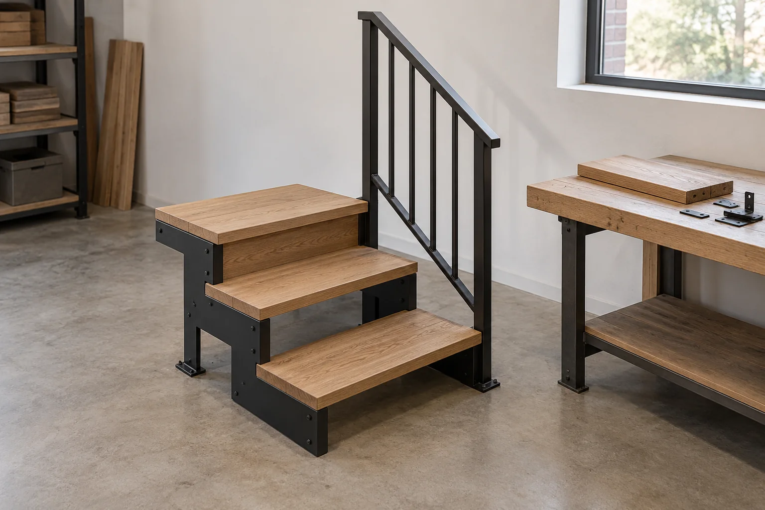 Three-step stair sample with attached side rail beside a tread sample and plain metal pieces