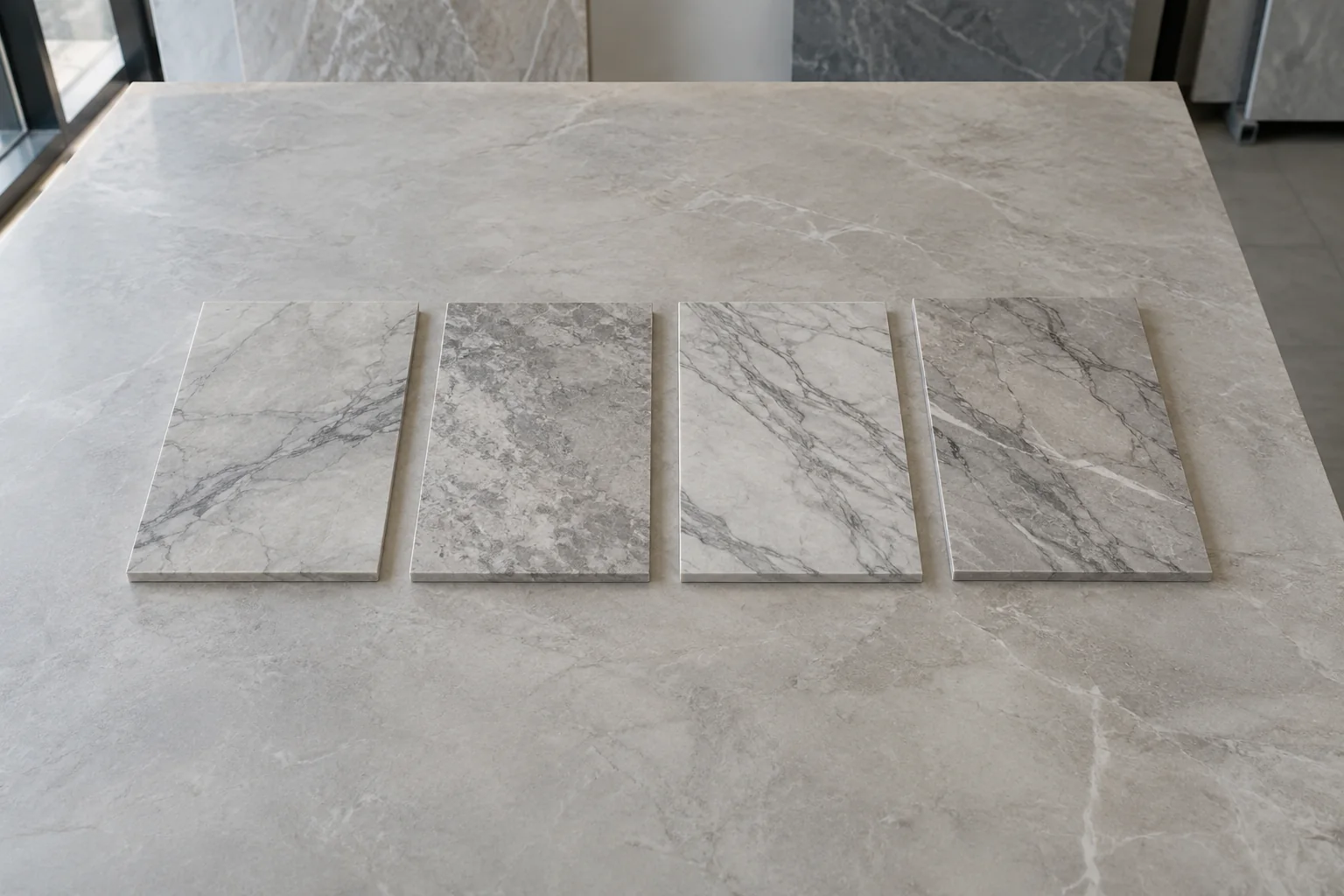 AI illustration of four pale stone-like specimens with varied grey veining and complete edges