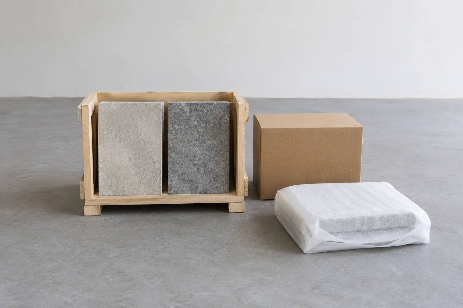 AI illustration of stone-like specimens in a complete timber frame beside a carton and wrapped item