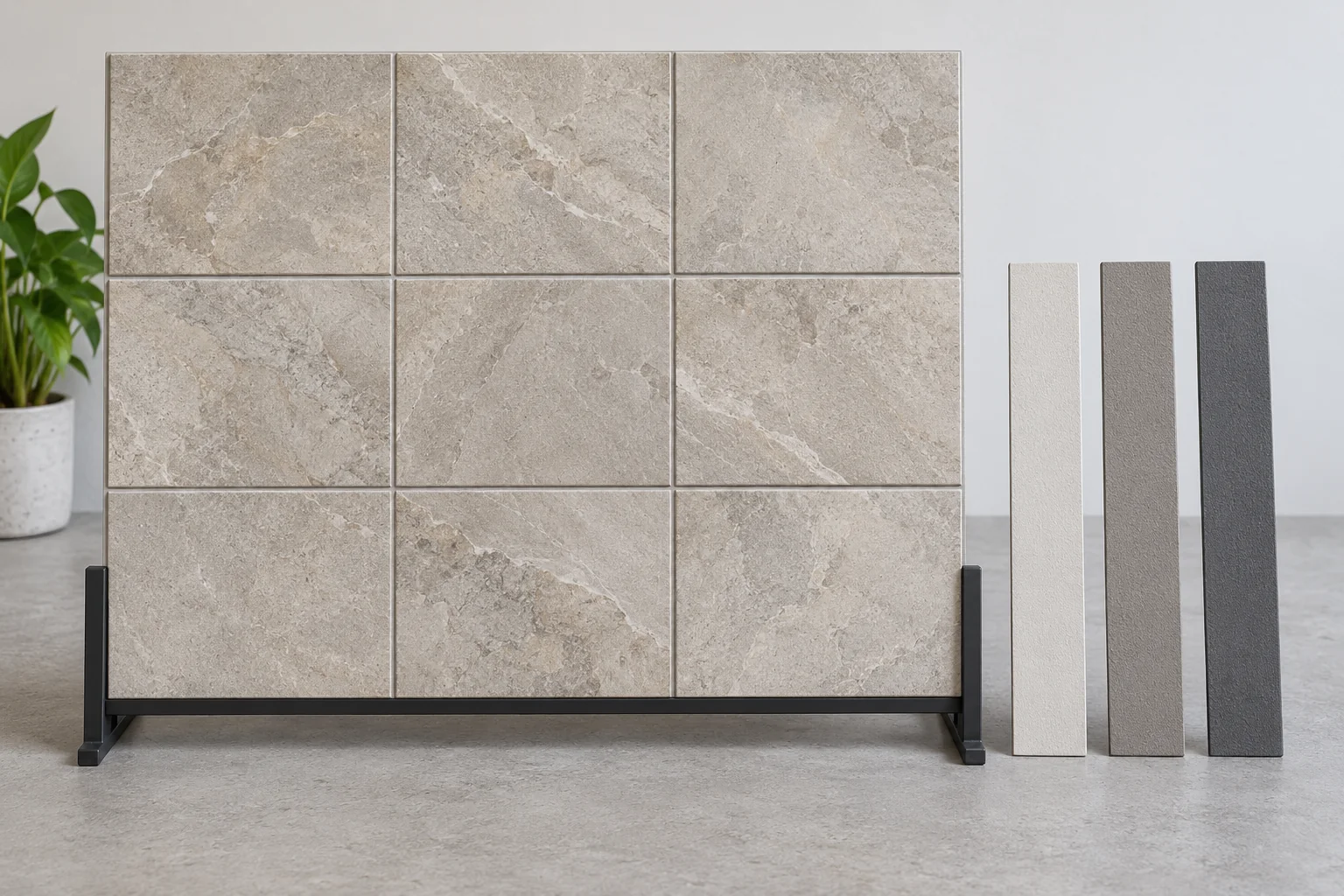 Complete finite tile-appearance board on a stand with visible joints and three independent finish strips