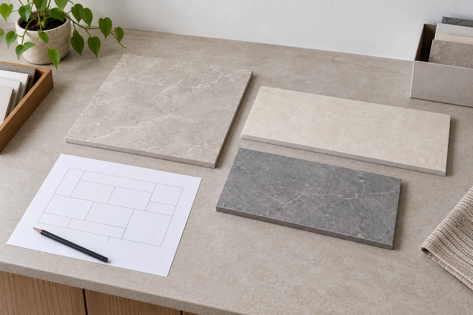 Three complete tile-like specimens in different formats and tones beside a complete unnumbered layout outline