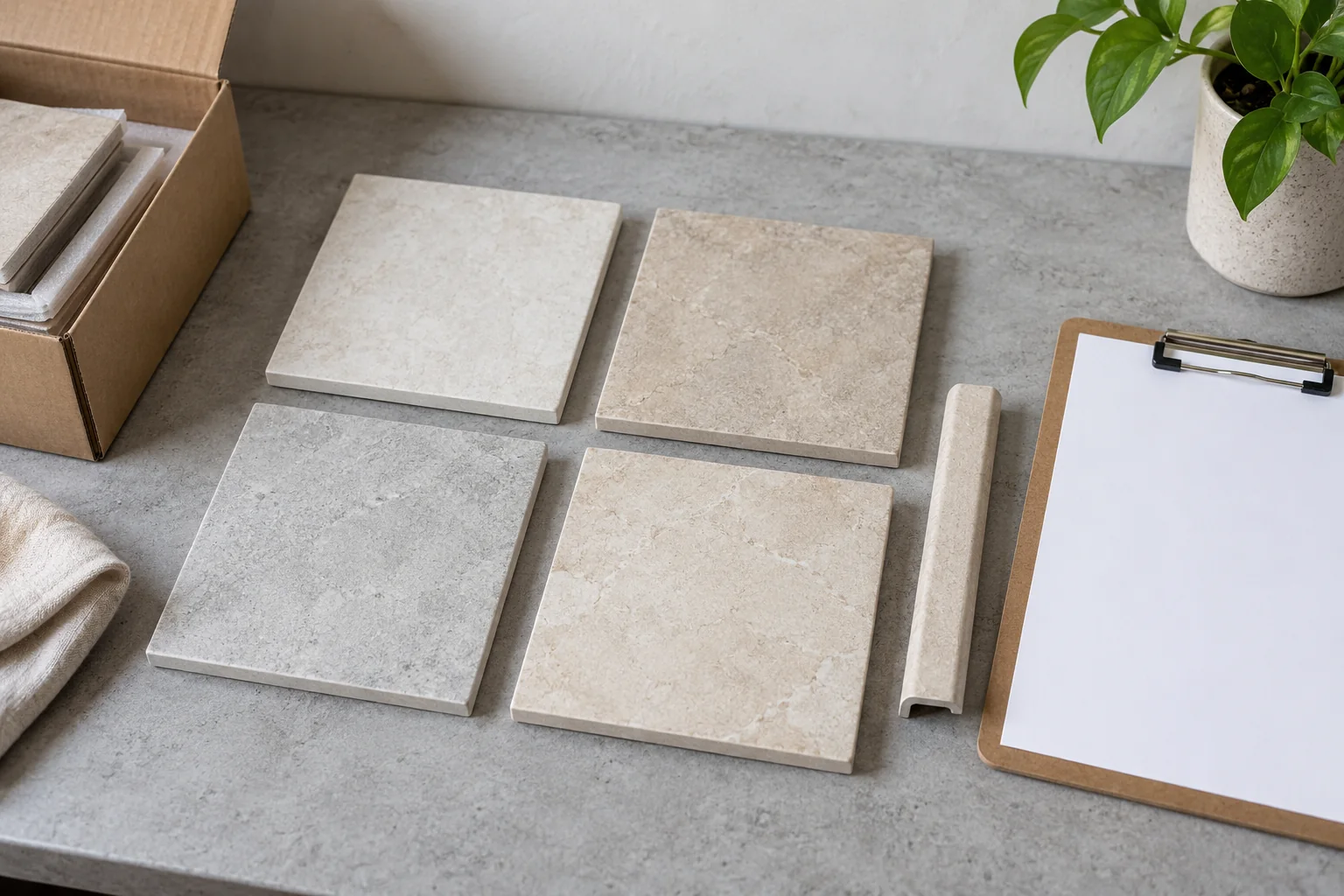 Four complete different-tone tile-like specimens and a short trim reference near a blank clipboard