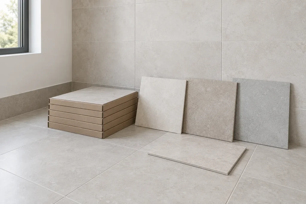 Pale tile-like floor and wall finishes with complete loose specimens beside plain stacked cartons