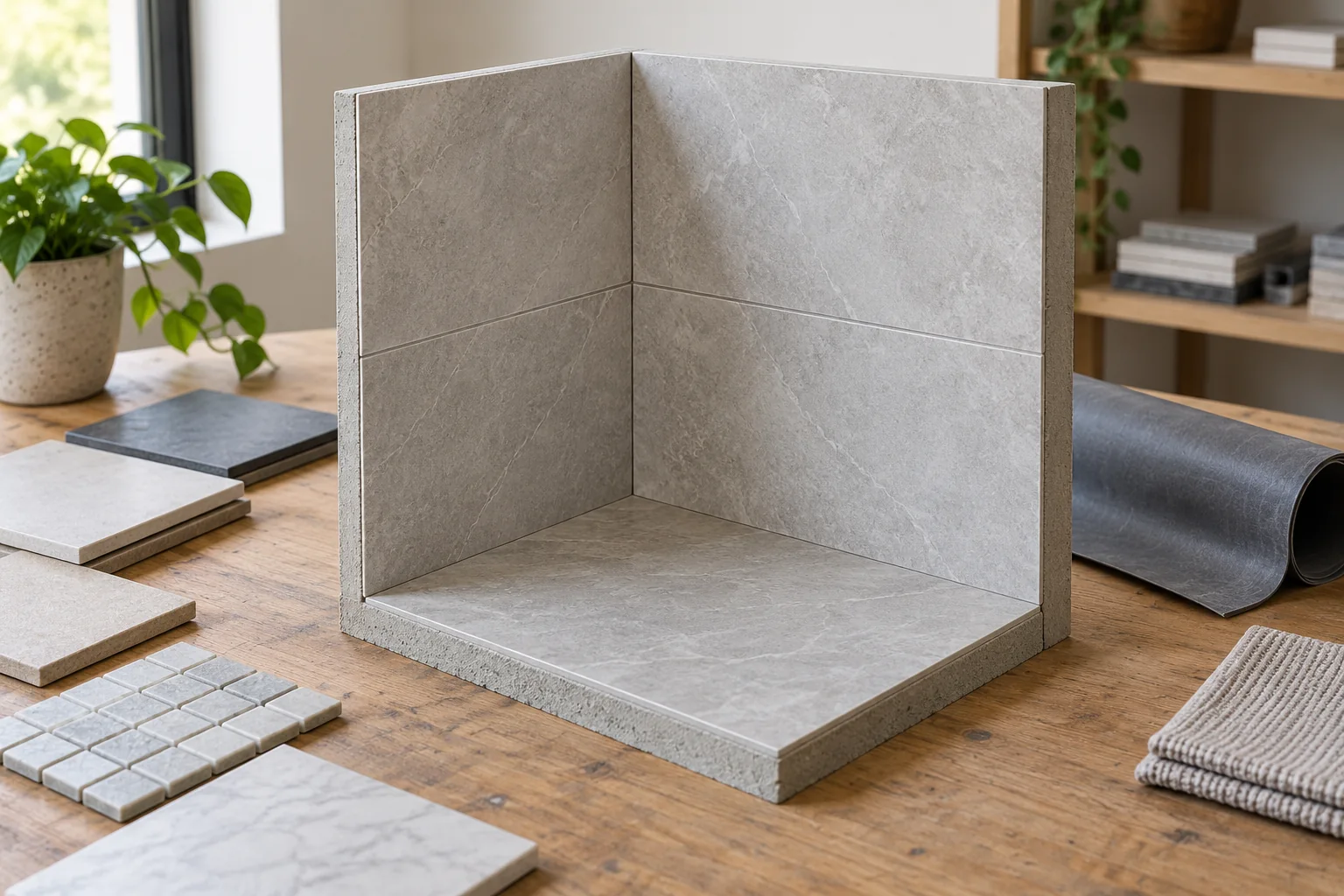 Complete finite tiled wall-and-floor corner model with visible joints and a separate sheet-like reference nearby
