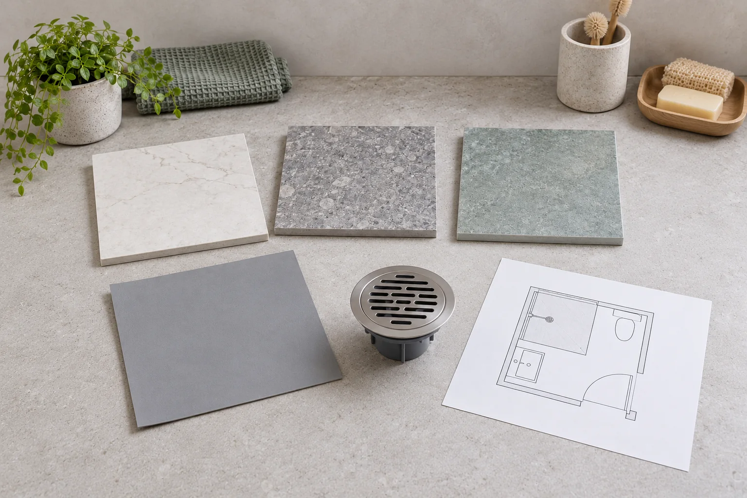 Three complete finish specimens, a plain gray square specimen and independent drain-like object beside a bathroom outline